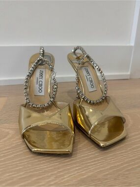 Jimmy Choo Gold Metallic Crystal-Trim Slingback Heels
